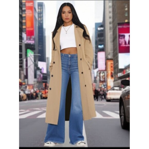 Line and Dot Beige Double Breasted Belted Long Trench Coat Women's Size Small - Picture 3 of 16